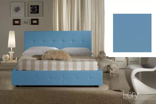 Letto una piazza e mezza con vano contenitore imbottito, rivestimento in similpelle, colore azzurro - 136 cm, 220 cm, H 100 cm - per rete 120 x 200. (SFI)