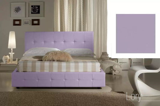 Letto una piazza e mezza con vano contenitore imbottito, rivestimento in similpelle, colore viola glicine - 136 cm, 210 cm, H 100 cm - per rete 120 x 190. (SFI)