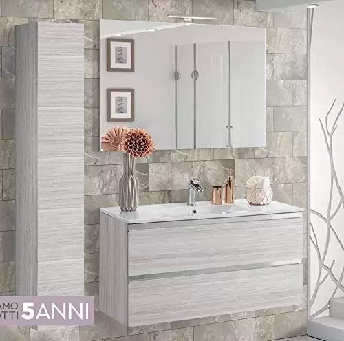 Mobile da bagno con lavabo e colonna sospesa - Componibile bagno cm. 100 x 46 x 51h Componibile bagno 2 cassetti con maniglia a gola, lavabo e specchio con luce a Led + Colonna sospesa cm. 25 x 26 x 160h - Colonna bagno sospesa con apertura a sinistra dot