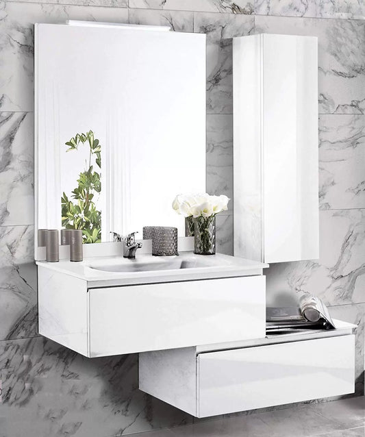 Mobile da bagno con lavabo sospeso - 2 cesti con maniglia a gola, lavabo in marmo sintetico, specchio e colonna sospesa inclusi. cm. 127x47x100h. Mobile di altissima qualità. (STMB)