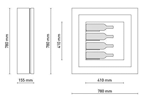 Quadro vino - Espositore refrigerato per quattro bottiglie in orizzontale. Struttura in metallo Cornice in legno / hpl Vetrocamera 20 mm Pannello interno in laminato . per bottiglie H.400 D.90 mm - kwh/annum 60 peso 30 kg. (SF00)