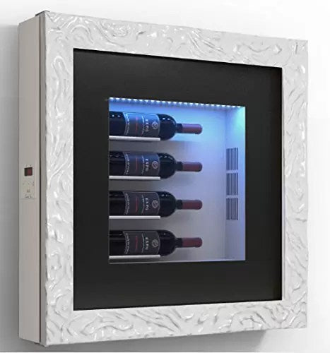 Quadro vino - Espositore refrigerato per quattro bottiglie in orizzontale. Struttura in metallo Cornice in legno / hpl Vetrocamera 20 mm Pannello interno in laminato . per bottiglie H.400 D.90 mm - kwh/annum 60 peso 30 kg. (SF00)