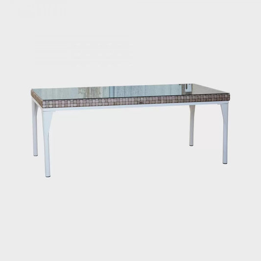 Tavolo rettangolare da pranzo, 100 cm - H 74 cm - : 220 cm, 68,95 kg. / 0,47 m3 - con vetro, struttura in rattan, effetto legno chiaro, resistente all-usura e agli agenti esterni, piedi in alluminio, rifiniture di pregio - (F1)