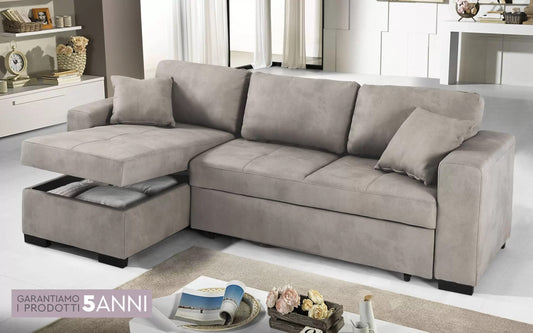 Divano letto angolare 3 posti - Similpelle effetto nabuk grigio chiaro - (cm. 238 x 147 x 85h)