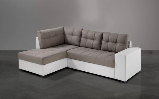 Divano letto angolare 3 posti - Similpelle bianco, tessuto marrone - (cm. 244 x 172 x 89h)