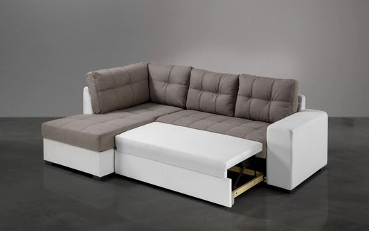 Divano letto angolare 3 posti - Similpelle bianco, tessuto marrone - (cm. 244 x 172 x 89h)