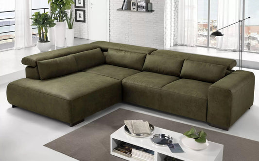 Divano angolare 3 posti con penisola a sinistra. Tessuto fuego olive (cm. 309 x 225 x 70h)