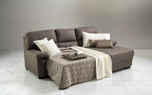 Divano letto angolare 2 posti con penisola a destra. Similpelle effetto nabuk elephant (cm. 252 x 160 x 92h)