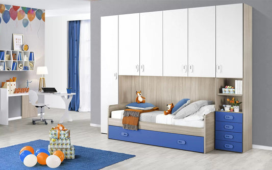 Cameretta Completa a ponte - Effetto olmo perla, bianco, cielo (Letto singolo e Armadio) (cm. 295 x 93 x 245h)