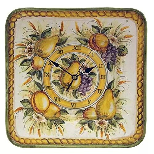 Orologio quadrato da parete muro dipinto e fatto a mano in ceramica artistica di Castelli Italia Codice: IN-26 Collezione: Arte dell-arredo - Incanto Dimensioni: cm 29x29 - Descrizione: Orologio da muro anticato da sala e da cucina in ceramica