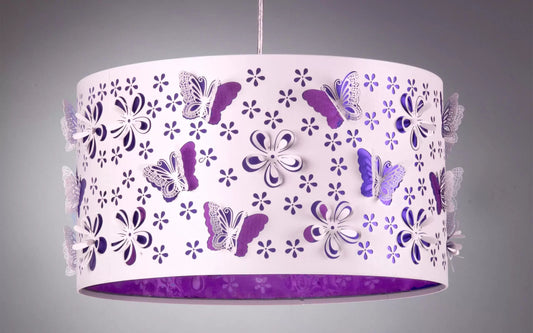 Lampadario con paralume viola decorato con farfalle e fiori - cm. 35 x 35 x 130h - (UL)