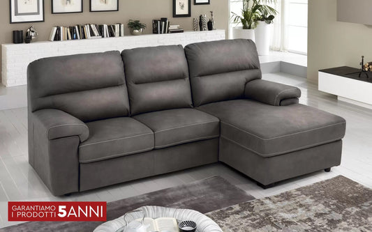 Divano letto angolare 3 posti con chaise a destra. Similpelle effetto nabuk granito grigio (cm. 257 x 163 x 96h)