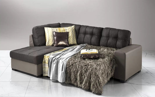 Divano letto angolare 3 posti - Similpelle elephant, tessuto antracite - (cm. 244 x 172 x 89h)