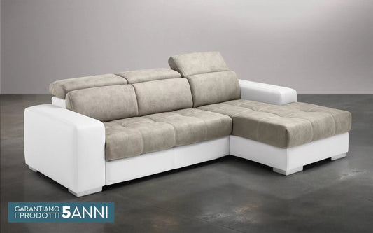 Divano letto angolare 3 posti con penisola a destra. Similpelle bianco, similpelle effetto nabuk grigio chiaro (cm. 259 x 178 x 94h)