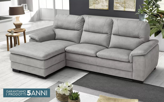 Divano angolare 3 posti con penisola a sinistra. Similpelle effetto nabuk grigio ash - (cm. 275 x 158 x 94h)