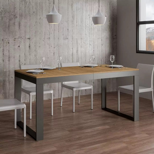 Tavolo Tecno Evolution piano Quercia Natura 90x180 allungato 90x440 telaio Antracite